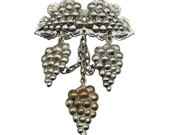 Grape Pin Brooch Vintage Older Draping Clusters With Chain Silver Tone