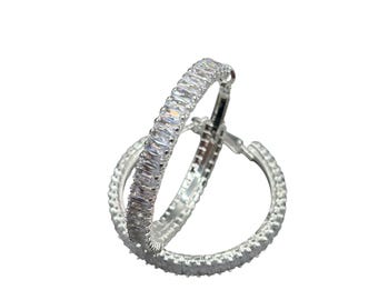 Elegant Rhinestones Hoopes Earrings Pierced 1.75" Clear Baguettes On Silver Tone Metal