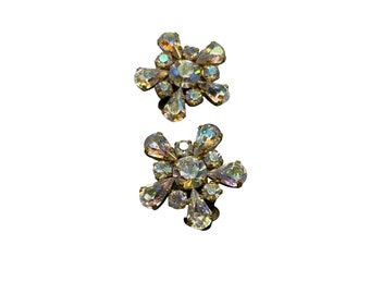 Vintage Made in Austria Clip On Rhinestone Earrings Aurora Borealis Gold Tone