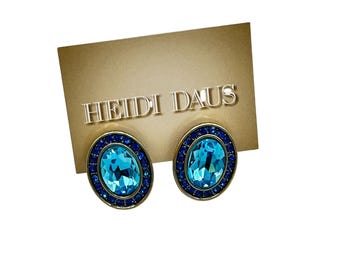 Vintage Heidi Daus Gold-Tone Clip-On Earrings Large Oval Blue Crystals