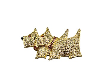Vintage Napier Scottie Dogs Pin Brooch Rhinestones Pave Gold Tone Terriers Pin