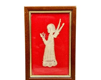 Vintage Framed Lace Angel On Red Velvet Rectangular Wall Hanging Frame Decor