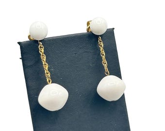 Vintage TRIFARI Clip On Dangle Earrings Gold Tone Chain and White Plastic Beads