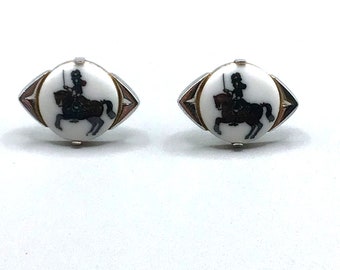 Sterling Silver Cufflinks Denmark White Black Knight Eye Shape Signed with Crown