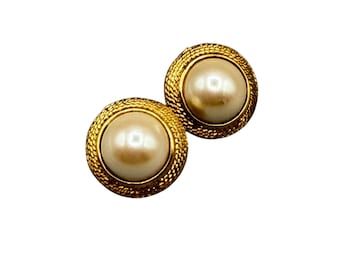 Vintage Earrings  Round Pearl Studs Pierced Textured Gold Tone