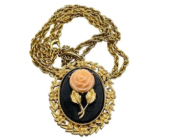 Vintage Avon Mirror Necklace Victorian Revival Faux Coral Rose Pendant Necklace