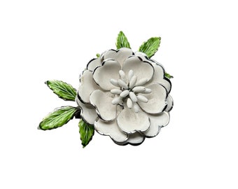 Signed Coro Vintage Flower Pin Brooch White Enamel Silver Tone Floral Jewelry