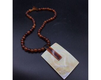 Fabulous Shell & Horn Beaded Necklace Geometric Pendant Rectangular Handcrafted