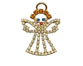 Rhinestones Angel Pin Brooch Vintage Clear Glass Stones All Prong Set God Tone