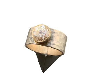 Sterling Silver Hammered Band Ring Large Quartz Stone Mexico Handmade Size 11