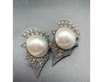 Judith Jack Pearls and Marcasite Earrings Sterling Silver 925 Pierced Studs