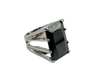 Chunky Glass Hematite Ring Size 7 Geometric High Raised Design Silver Tone
