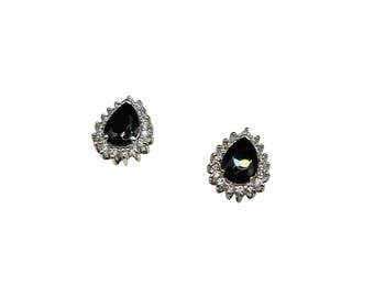 Black Teardrop Earrings With Clear Stones & Stud Backs