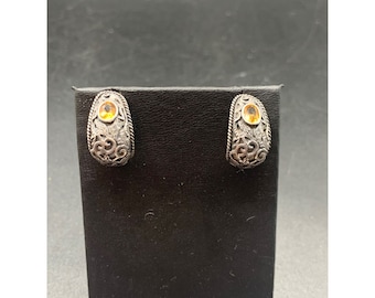Ornate Citrine Sterling Silver Huggies Earrings Pierced Genuine Stone Earrings