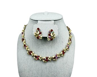 Vintage Red Aurora Borealis Necklace And Matching Earrings 70s Signed CHAREL