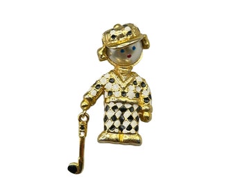 Vintage Golfer Boy Pin Brooch Golf Player Gold Tone Metal w Black White Enamel