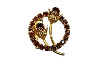 Vintage Pin Brooch Gold Tone Rhinestone Floral Circle Delicate Brooch