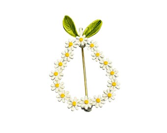Daisy & Leaf Enamel Brooch Floral Pear Shaped Design Vintage Flowers Pin