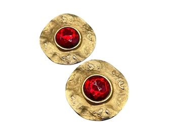 Oversized Red And Gold Clip On Earrings Red Cabochons Round Irregular Gold Tone Settings