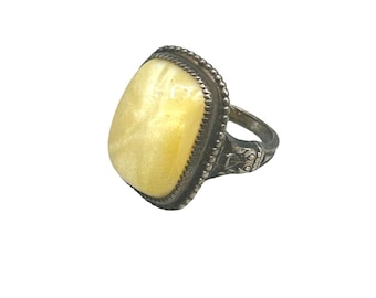 Antique Yellow "Star Sapphire" Art Glass Ring Size 3.5 Sterling Silver Deco Ring