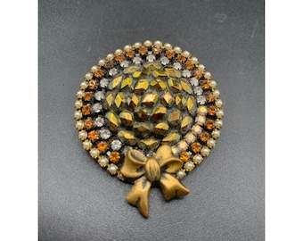 Vintage Hat Brooch Handcrafted With Rhinestones In A Round Shape Pin