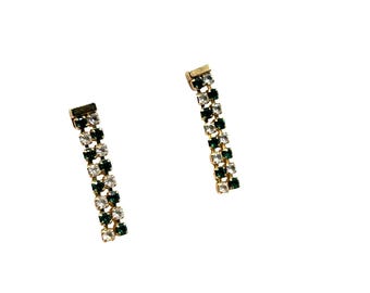 Vintage Rhinestone Long Drop Pierced Earrings with Emerald Green & Clear Stones