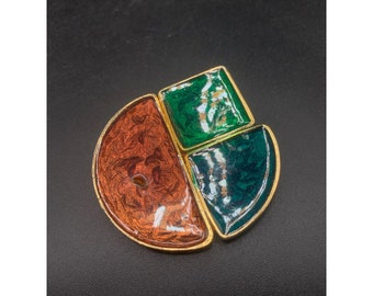 Geometric Poured Resin Brooch Brown Green Gold Abstract Fun Colorful Jewelry