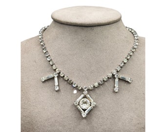 Vintage Rhinestones Necklace Formal Elegant Clear Stones Over Silver Tone Metal