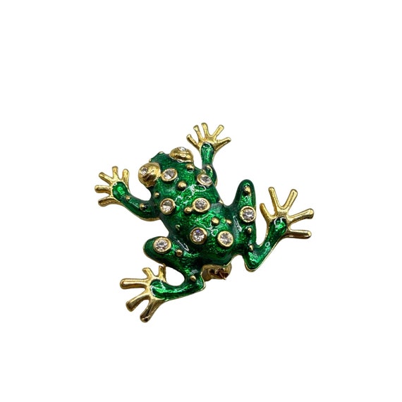 Vintage Green Frog Brooch Pin Gold Tone Enameled … - image 1
