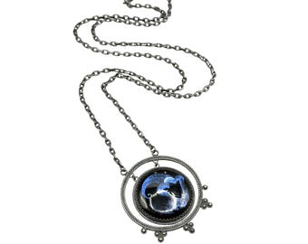 Vintage Rostov Finift Necklace Sterling Silver Hand Painted Enamel Blue Black