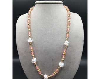 Pink and White Art Glass Necklace Italian Frosted Art Glass Beaded Hand Knotted