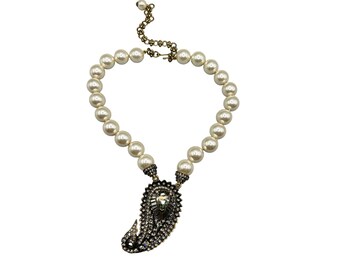 Heidi Daus Paisley Design Faux Pearls Necklace Crystals Pave Antiqued Gold Tone