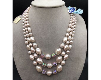 Triple Strand Pale Pink Faux Pearls Necklace with Tag Faceted Crystals & Beads