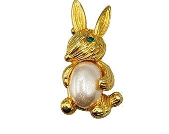 Vintage Bunny Pin Brooch Easter Bunny Rabbit Gold Tone And Pearl Belly