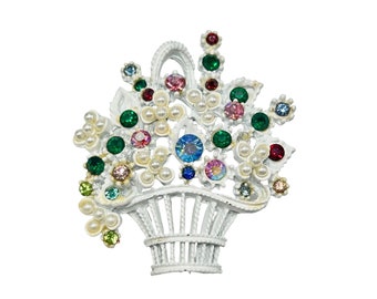 Vintage Japanned Basket of Flower Pin Brooch Colorful Rhinestones White Enamel