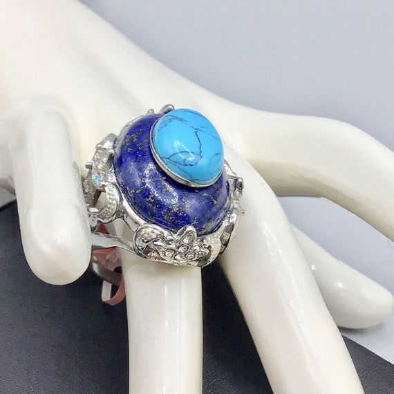 Lapis Lazuli & Turquoise Stone Ring Size 8 Semi P… - image 9