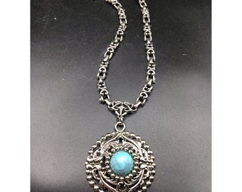 Vintage Medallion Necklace Turquoise Cabochon Silver Tone Chunky Chain & Pendant