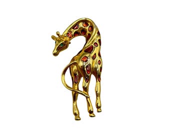 Vintage Giraffe Brooch Pin With Brown Enamel And Green Glass Eyes