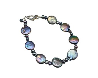 Genuine Peacock Pearl Bracelet  925 Silver Clasp Lentil Shaped Beads 8.5 Inch