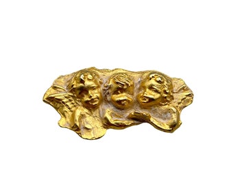 Vintage Pin Brooch La Rage Three Angels Cherubs in Clouds Gold Tone Angel Wings