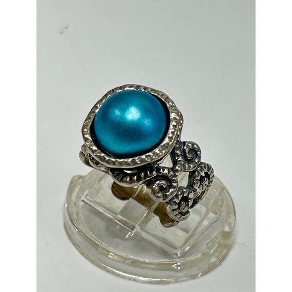 Dyed Blue Genuine Pearl Ring Size 5 Sterling Silv… - image 8