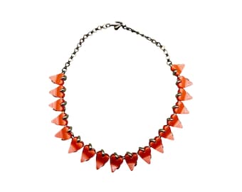 Vintage Thermoplastic Heart Necklace Signed CLAUDETTE Bright Orange Hearts