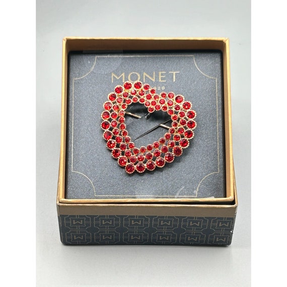 Signed MONET Heart Pin Love Brooch Red Rhinestone… - image 2