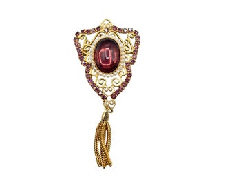 Vintage Gold Tone Pin Brooch with Purple Cabochon Tassel Possible Hobe Unsigned
