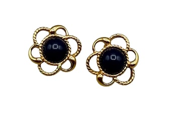 Vintage Black And Gold Floral Studs Earrings Gold Tone And Black Cabochons