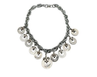East Africa Coin Necklace Vintage 1970s Costume Jewelry Silver Tone Chunky Chain