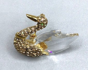 Swan Pin Brooch Gold Tone & Clear Glass Animal Figural Bird Pin Elegant Design