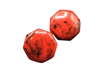 Red Bakelite Earrings Octagonal Marbled Swirls Vintage Clip-On Earrings