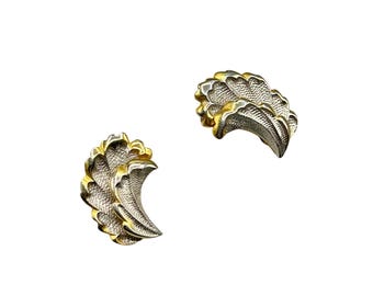 Vintage Two Tone Clip On Earrings Folded Leaf Design Elegant Detailed Clipons