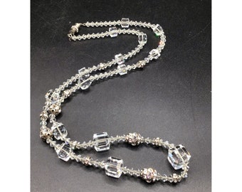 Clear Crystal Beads & Rhinestones Necklace Geometric Cube Beaded Silver Tone